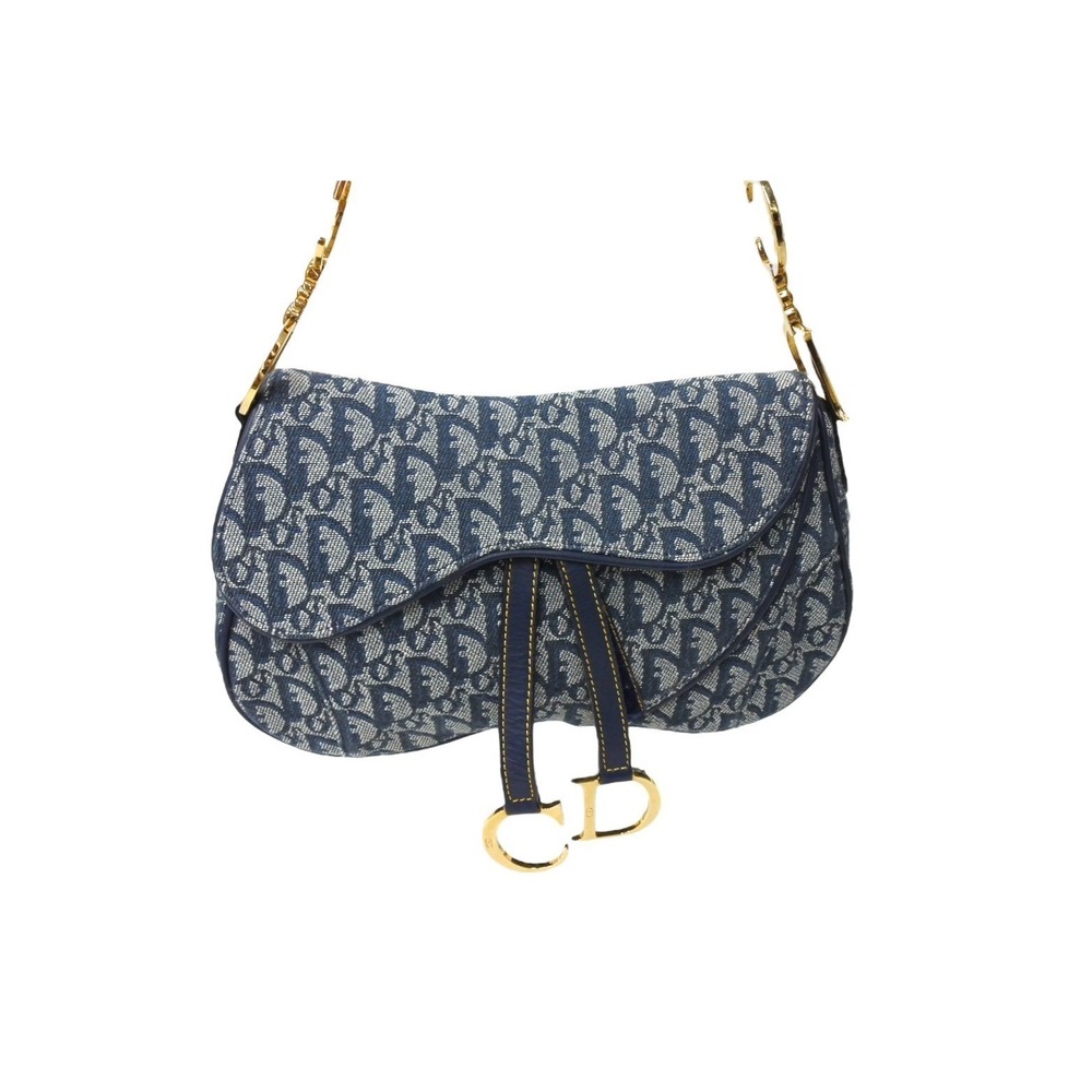Christian Dior Trotter Double Saddle Handbag Navy Blue Canvas Leather - Picture 2 of 9